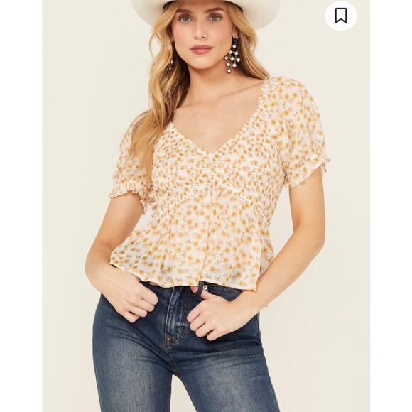 Ash & Violet Yellow White Daisy Floral Puff Sleeve Babydoll Smocked Top M Boho - Picture 1 of 11